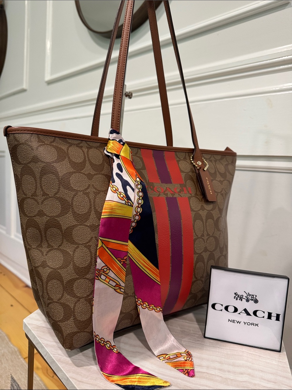 Coach Bag Signature Varsity City Zip Brown Tote with Logo Signature Stripe